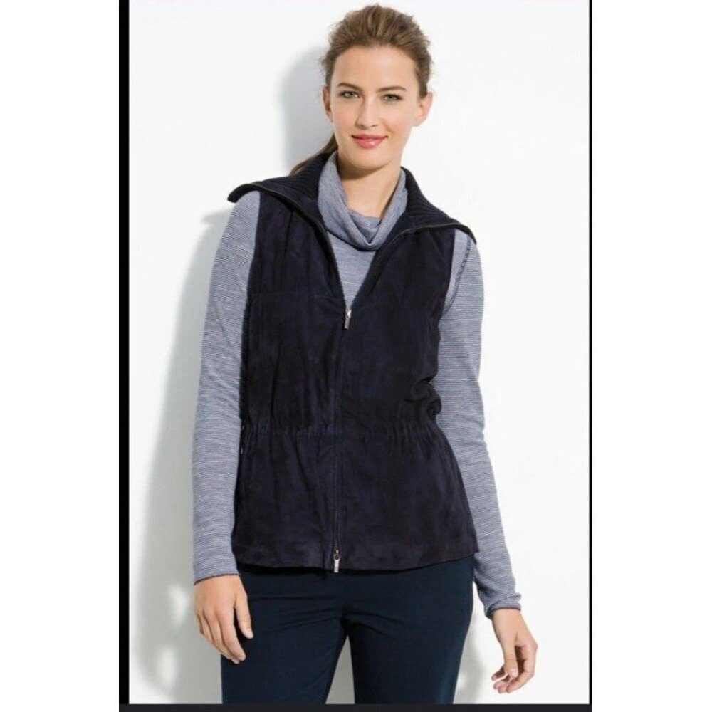Lafayette 148 New York Suede Turtleneck Vest Lined Navy Drawstring Waist Size S